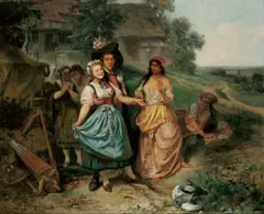 Anton Dieffenbach, DIE WAHRSAGERIN., Signiert und datiert unten links: Anton Dieffenbach 1869. Öl auf Leinwand (doubliert)