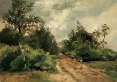 Jules Dupré, WALDLANDSCHAFT MIT WANDERERN., Signiert unten links: Jules Dupré. Öl auf Leinwand (doubliert)
