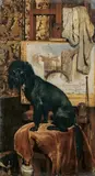 Louis van Engelen, SCHWARZER PUDEL IM ATELIER DES MALERS., Signiert Mitte rechts: Je me nomme SAM et mon maitre L. van Engelen. 1885. Öl auf Holz