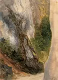 Thomas Ender, FELSWAND MIT FICHTEN., Öl auf Papier, auf Leinwand aufgezogen