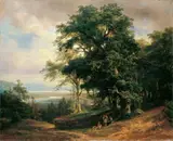 Carl Ludwig Fahrbach, BEWALDETE FLUSSLANDSCHAFT MIT RASTENDER FAMILIE., Signiert unten rechts: C. L. Fahrbach. Öl auf Leinwand (doubliert)