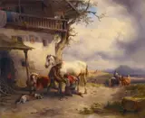 Friedrich Gauermann, VOR DER DORFSCHMIEDE., Signiert unten links: F. Gauermann. f. Öl auf Holz (parkettiert)