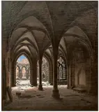 Carl Hasenpflug, KLOSTER WALKENRIED IM WINTER., Signiert und datiert unten links: C. Hasenpflug 1841. Verso auf Keilrahmen beschriftet (von gleicher Hand wie die Signatur): Ruinen aus Kloster Walkenried gemalt von C. Hasenpflug 1841. Originaler Rahmen mit Etikett des Magdeburger Vergolders A. Schnake, der mehrfach Rahmen für Gemälde von Carl Hasenpflug anfertigte. Öl auf Leinwand