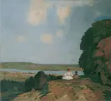 Adolf Hengeler, PAAR VOR FLUSSLANDSCHAFT., Signiert und datiert unten rechts: A. Hengeler 1911. Öl auf Leinwand
