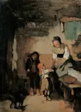 BAUERNSTUBE MIT FRAU UND KINDERN. by zugeschrieben Rudolf Hirth Du Frênes, Öl auf Leinwand, auf Karton aufgezogen, sold May 2008