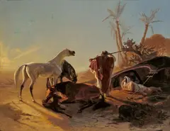 RASTENDES BEDUINENPAAR MIT ARABERPFERDEN. by Theodor Horschelt, Signiert und datiert unten rechts: Theod. Horschelt 1853. Öl auf Leinwand, auf Holz aufgezogen, sold May 2008