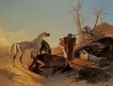 Theodor Horschelt, RASTENDES BEDUINENPAAR MIT ARABERPFERDEN., Signiert und datiert unten rechts: Theod. Horschelt 1853. Öl auf Leinwand, auf Holz aufgezogen