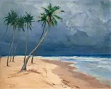 Wilhelm Kuhnert, TROPISCHER STRAND MIT PALMEN UND AUFZIEHENDEM GEWITTER.