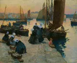 Fernand Legout-Gérard, BRETONISCHE HAFENSZENE., Signiert unten links: F. Le Gout-Gérard. Ölkreide auf Papier, auf Leinwand aufgezogen