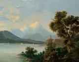 Friedrich Loos, ALPENLANDSCHAFT MIT SEE., Signiert und datiert unten rechts: F. Loos 1831. Öl auf Leinwand