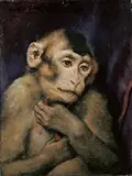 Gabriel von Max, KLEINER AFFE MIT STOCK., Bezeichnet oben links: Modell Laura. Signiert unten rechts: G. v. Max. Öl auf Leinwand:
