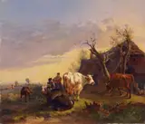 Wilhelm Melchior, BAUERNFAMILIE MIT KÜHEN IN ABENDLICHER LANDSCHAFT., Signiert und datiert unten links: W. Melchior. München 1842. Öl auf Leinwand, auf Holz aufgezogen