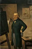 Carl Ostersetzer, SCHULMEISTER VOR DER TAFEL MIT SEINER KARIKATUR., Signiert unten rechts: C. Ostersetzer. Öl auf Holz