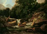 Johann Wilhelm Schirmer, WILDBACH IM WALDIGEN HOCHGEBIRGE MIT HIRSCH
