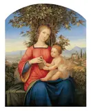 Julius Schnorr von Carolsfeld, MADONNA MIT KIND AUF EINER GARTENBANK SITZEND., Öl auf Leinwand
