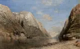 Adolf Gustav Schweitzer, FJORDLANDSCHAFT., Signiert unten rechts: Ad. Schweitzer. Öl auf Holz