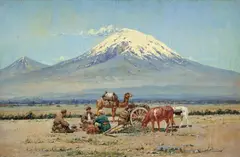 Konstantin Somov, KAUKASISCHE LANDSCHAFT MIT KAMEL UND KARREN., Unten rechts eine kyrillische Signatur. Öl auf Leinwand