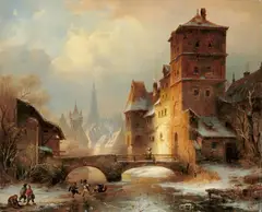 François Stroobant, AM VOGELTOR IN AUGSBURG., Monogrammiert unten rechts: FS. Öl auf Holz, auf Holz aufgezogen