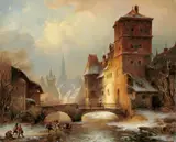 François Stroobant, AM VOGELTOR IN AUGSBURG., Monogrammiert unten rechts: FS. Öl auf Holz, auf Holz aufgezogen