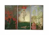 Hans Thoma, OSTERTRIPTYCHON., Drei Tafeln, zwei davon links unten monogrammiert: HT (ligiert) Öl auf Leinwand (doubliert). Je