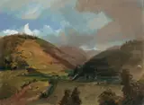 Hans Thoma, DAS WIESENTAL BEI AUFZIEHENDEM GEWITTER., Öl auf Karton