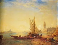 Félix Ziem, BLICK IN DIE LAGUNE VON VENEDIG MIT BOOTEN UND RASTENDEN FIGUREN IM VORDERGRUND., Signiert unten rechts: Ziem. Öl auf Holz