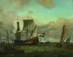 Ludolf Backhuysen the Elder, SEELANDSCHAFT MIT HOLLÄNDISCHEN SCHIFFEN., Öl auf Leinwand