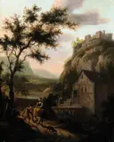 Folkert Bock, SÜDLICHE BERGLANDSCHAFT MIT REISENDEN., Signiert unten links: F. Bock. Öl auf Holz