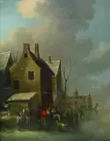 zugeschrieben Philibert-Louis Debucourt, WINTERLANDSCHAFT MIT WIRTSHAUS., Öl auf Holz