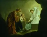 Pieter de Grebber, DIE DREI MARIEN UND DER ENGEL AM OFFENEN GRAB CHRISTI., Bezeichnet unten rechts: B.G. Cuyp. Öl auf Holz