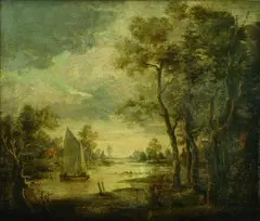Netherlandish School, ABENDLICHE LANDSCHAFT., Öl auf Leinwand