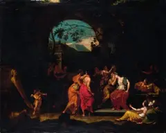Nachfolge Nicolas Poussin, AMOR VOR EINER PRIAPOSHERME SEINE PFEILE AUF JUGENDLICHE LIEBESPAARE ABSCHIESSEND., Öl auf Leinwand