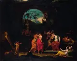 Nachfolge Nicolas Poussin, AMOR VOR EINER PRIAPOSHERME SEINE PFEILE AUF JUGENDLICHE LIEBESPAARE ABSCHIESSEND., Öl auf Leinwand