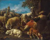 gen. Rosa da Tivoli Philipp Peter Roos, ITALIENISCHE LANDSCHAFT MIT RASTENDEN HIRTEN., Öl auf Leinwand