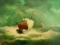 Andreas Achenbach, SCHIFFE AUF STÜRMISCHER SEE., Signiert und datiert unten links: A. Achenbach 1901. Öl auf Holz