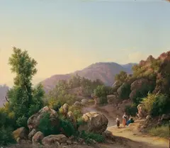 Guido Agostini, GEBIRGIGE ITALIENISCHE LANDSCHAFT IM ABENDLICHT., Signiert und datiert unten links: G. Agostini 1875. Öl auf Leinwand