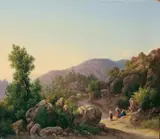 Guido Agostini, GEBIRGIGE ITALIENISCHE LANDSCHAFT IM ABENDLICHT., Signiert und datiert unten links: G. Agostini 1875. Öl auf Leinwand