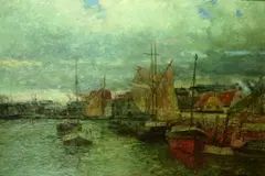 Andreas Dirks, FISCHERBOOTE IM HAFEN., Signiert unten rechts: Dirks. Öl auf Leinwand