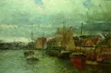 Andreas Dirks, FISCHERBOOTE IM HAFEN., Signiert unten rechts: Dirks. Öl auf Leinwand