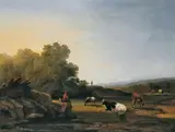 R. Hamer, LANDSCHAFT MIT HIRTEN UND VIEH., Signiert unten links: R. Hamer. Öl auf Leinwand, auf Holz aufgezogen und mit Leinwand hinterlegt