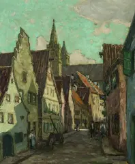 Fritz Geyer, GASSE IN ROTHENBURG., Signiert unten rechts: Fritz Geyer. Öl auf Karton