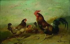 Max Hänger, HAHN UND ZWEI HENNEN., Signiert unten rechts: M. Hänger. Öl auf Holz