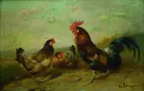 Max Hänger, HAHN UND ZWEI HENNEN., Signiert unten rechts: M. Hänger. Öl auf Holz
