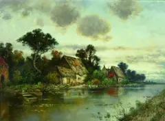 Karl Heffner, FLUSSLANDSCHAFT MIT REETGEDECKTEN HÄUSERN., Signiert unten links: K. Heffner. Öl auf Leinwand