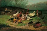Cornelius Van Leemputten, HÜHNER UND ENTEN AUF EINER WIESE., Signiert unten links: C. van Leemputten. Öl auf Holz