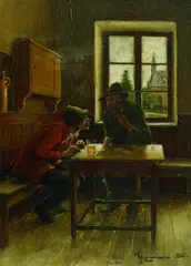 Johannes Lodewijk (Jan) Moerman, GASTHAUSSZENE., Signiert und datiert unten rechts: Moerman 96. Öl auf Holz