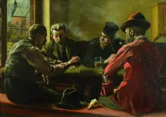 Johannes Lodewijk (Jan) Moerman, WÜRFELSPIELER IN EINEM GASTHAUS., Signiert unten links: Moerman 95. Öl auf Holz