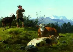Karl Roux, HIRTE MIT KÜHEN IN EINER GEBIRGSLANDSCHAFT., Signiert unten rechts: Roux. Öl auf Leinwand