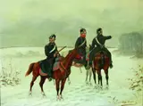 Christian Sell, DREI BERITTENE SOLDATEN IN EINER WINTERLANDSCHAFT., Signiert unten rechts: Chr. Sell. Öl auf Holz. Ca