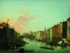 Venetian School, CANAL GRANDE MIT BLICK AUF DIE RIALTOBRÜCKE VON SÜDEN., Öl auf Leinwand